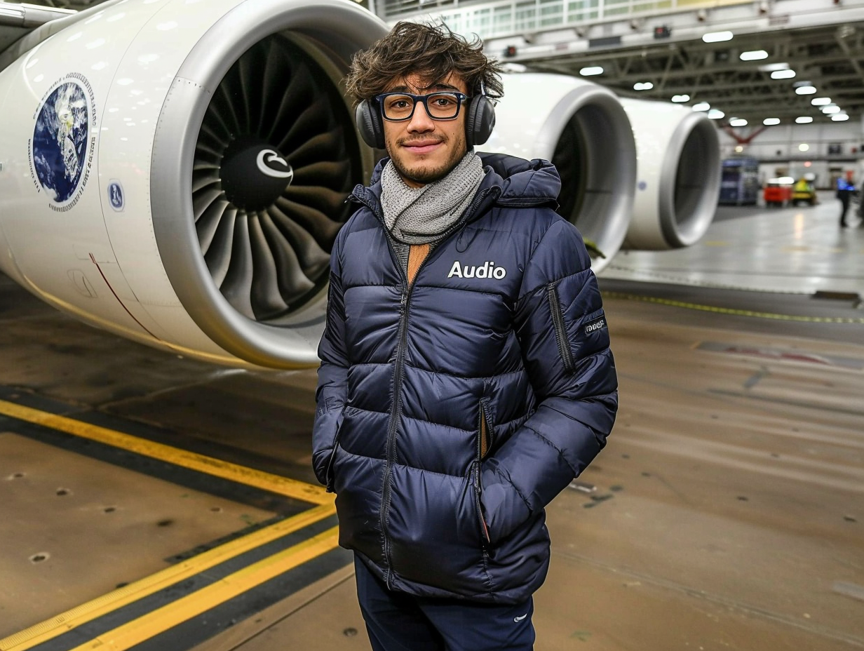 a man stands wearing protecting ear covers. a jet engine roars next to him with the word "Audio" on it. --chaos 40 --ar 4:3 --style raw --personalize 9zxyhz8