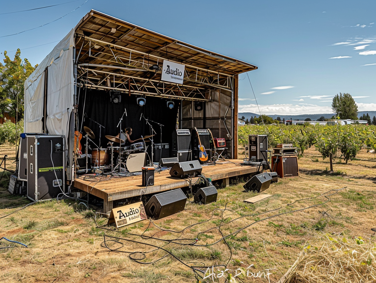a sunny day with blue skies. an apple orchard with a large concert stage. a wooden sign says "Audio" --ar 4:3 --style raw --personalize 9zxyhz8
