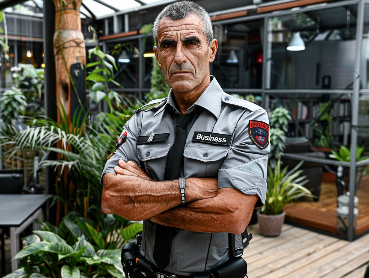 an office security guard with a name tag that reads "Business" --chaos 40 --ar 4:3 --style raw --personalize 9zxyhz8