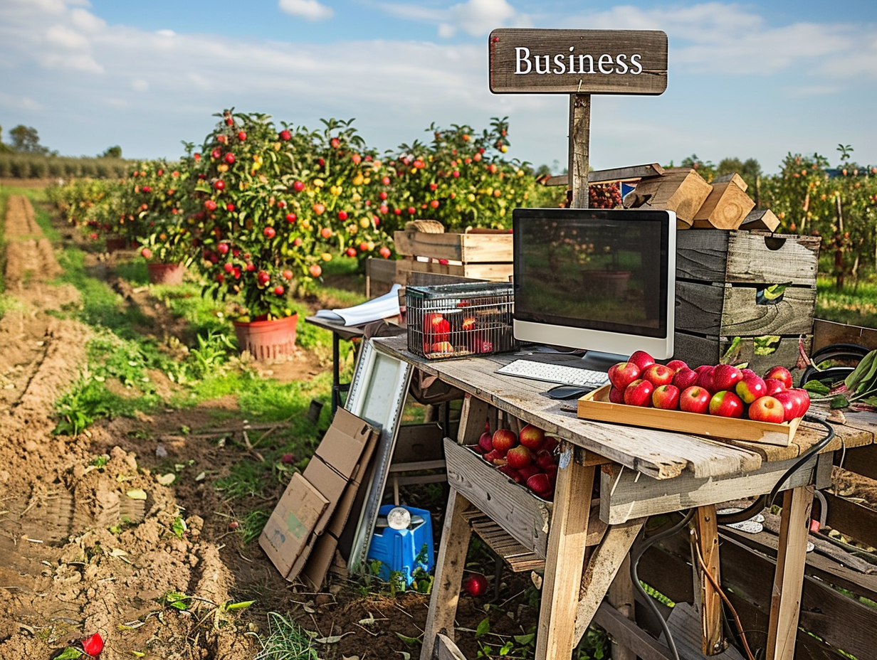 a sunny day with blue skies. an apple orchard. a wooden office desk with a computer on it. a wooden sign says "Business" --ar 4:3 --style raw --personalize 9zxyhz8