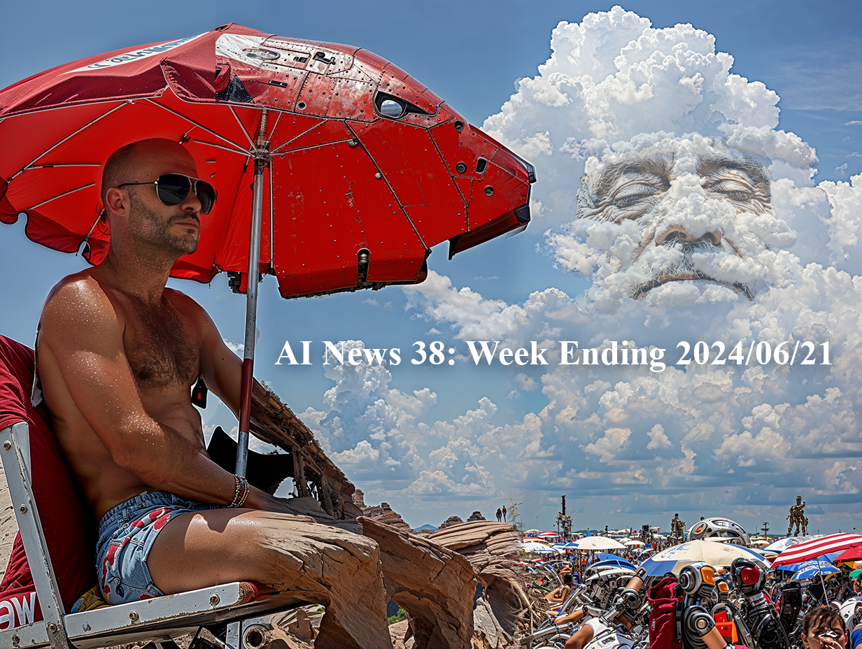 This week’s cover depicts Ilya Suskever on a lifeguard stand in an image that grows increasingly surreal the further one looks from his face. This represents Ilya’s departure from OpenAI to launch Safe Superintelligence Inc. In the cover, unaligned AI hallucinates all around him, while he remains untouched. Image created with MidJourney then face swapped with InsightFace. The original image was then upscaled through Magnific.ai with 100% chaos and layered onto itself with Photoshop. The starting prompt was ‘a beautiful day at a community pool. a skinny bald lifeguard sits in the lifeguard stand. --chaos 50 --ar 4:3 --style raw --personalize 9zxyhz8’. Font is Times New Roman, which is the font Safe Superintelligence Inc. uses on its website.