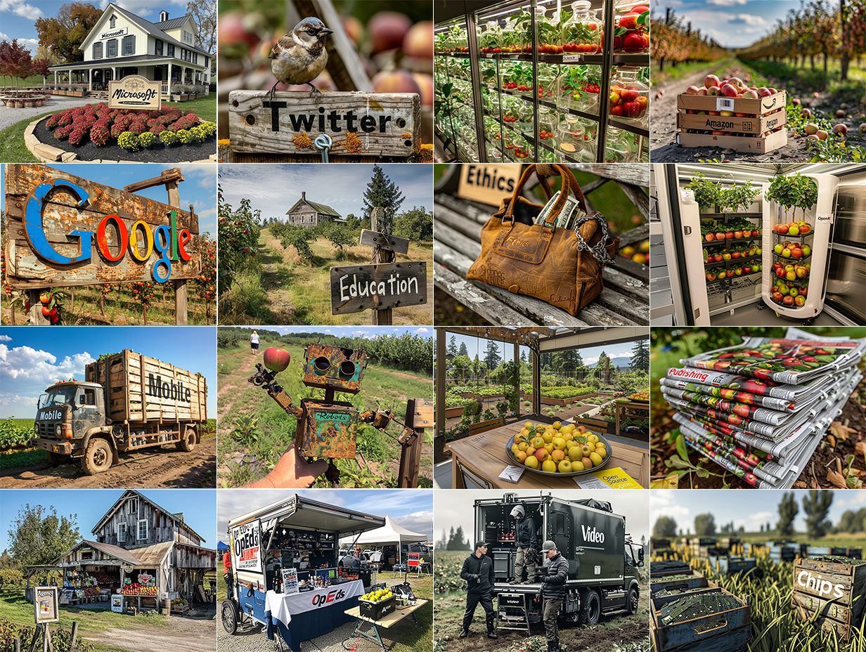 Category theme for June 14, 2024: a sunny day with blue skies. an apple orchard. A [object] and a wooden sign that says “[category name]” –chaos 40 –ar 4:3 –style raw –personalize 9zxyhz8 