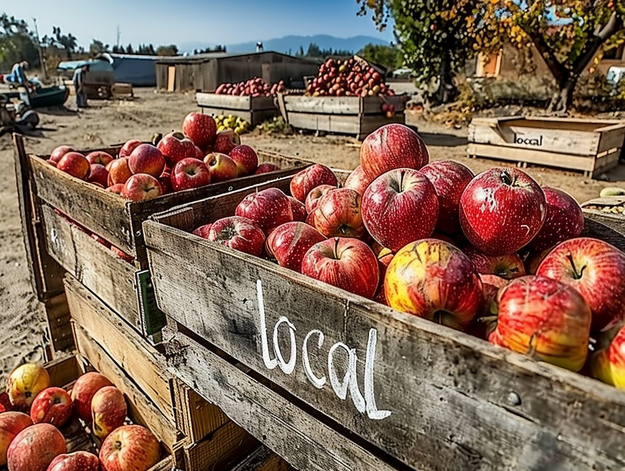 a sunny day with blue skies. an apple orchard. a wooden crate with the word "local" --chaos 50 --ar 4:3 --style raw --personalize 9zxyhz8