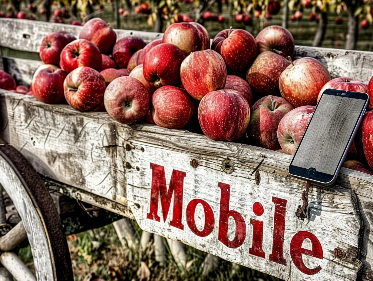 a sunny day with blue skies. an apple orchard. a cell phone sits on a wooden bench, with a plaque with the word "Mobile" --chaos 50 --ar 4:3 --style raw --personalize 9zxyhz8