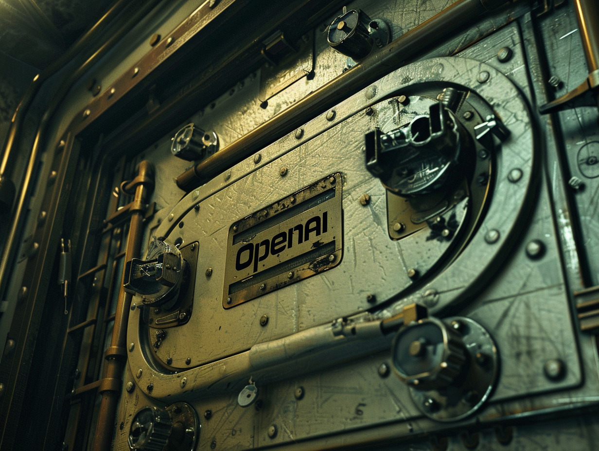 a safe with a spiral printed on it, a label says "OpenAI" --chaos 30 --ar 4:3 --style raw --personalize 9zxyhz8