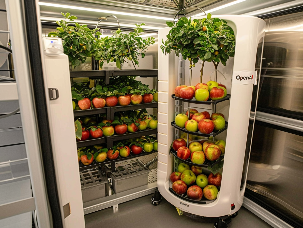 an indoor apple orchard planted in a spiral inside a data center. a wooden sign reads "OpenAI" --chaos 50 --ar 4:3 --style raw --personalize 9zxyhz8