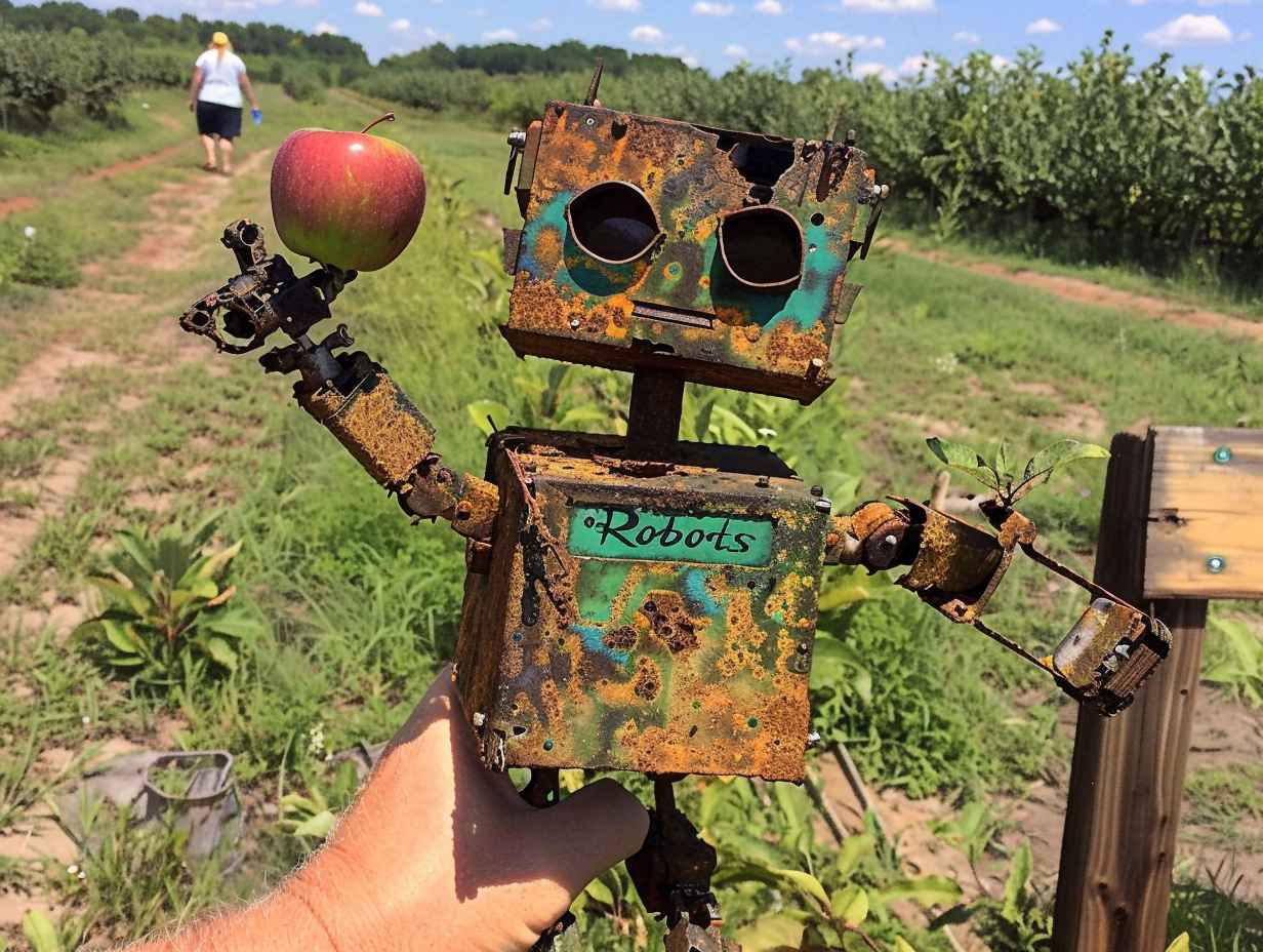 a sunny day with blue skies. an apple orchard. a rusty humanoid robot holds an apple. a wooden sign says "Robots" --chaos 40 --ar 4:3 --style raw --personalize 9zxyhz8