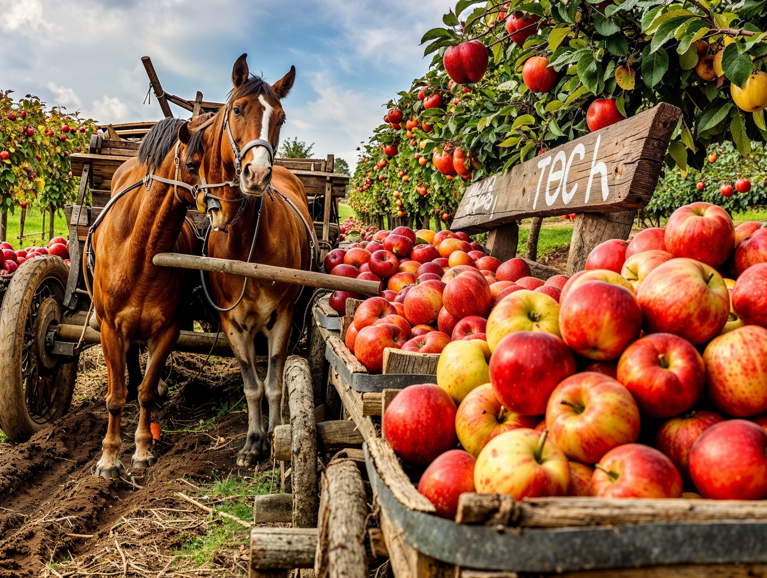 a sunny day with blue skies. a horse is plowing a field next to an apple orchard. A wooden sign says "Tech" --chaos 40 --ar 4:3 --style raw --personalize 9zxyhz8