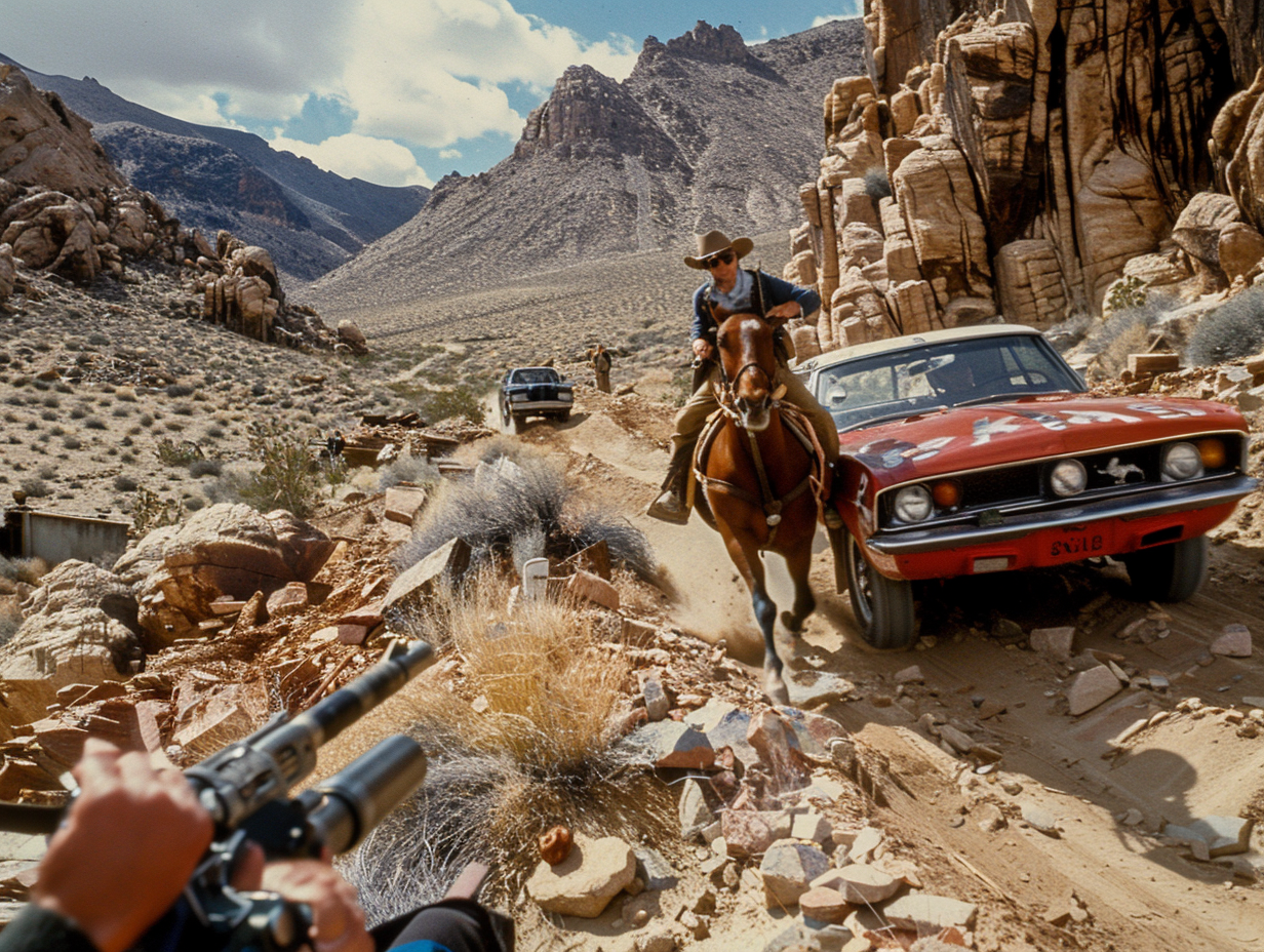 a stuntman on a horse on the set of a Western movie --chaos 30 --ar 4:3 --style raw --personalize 9zxyhz8