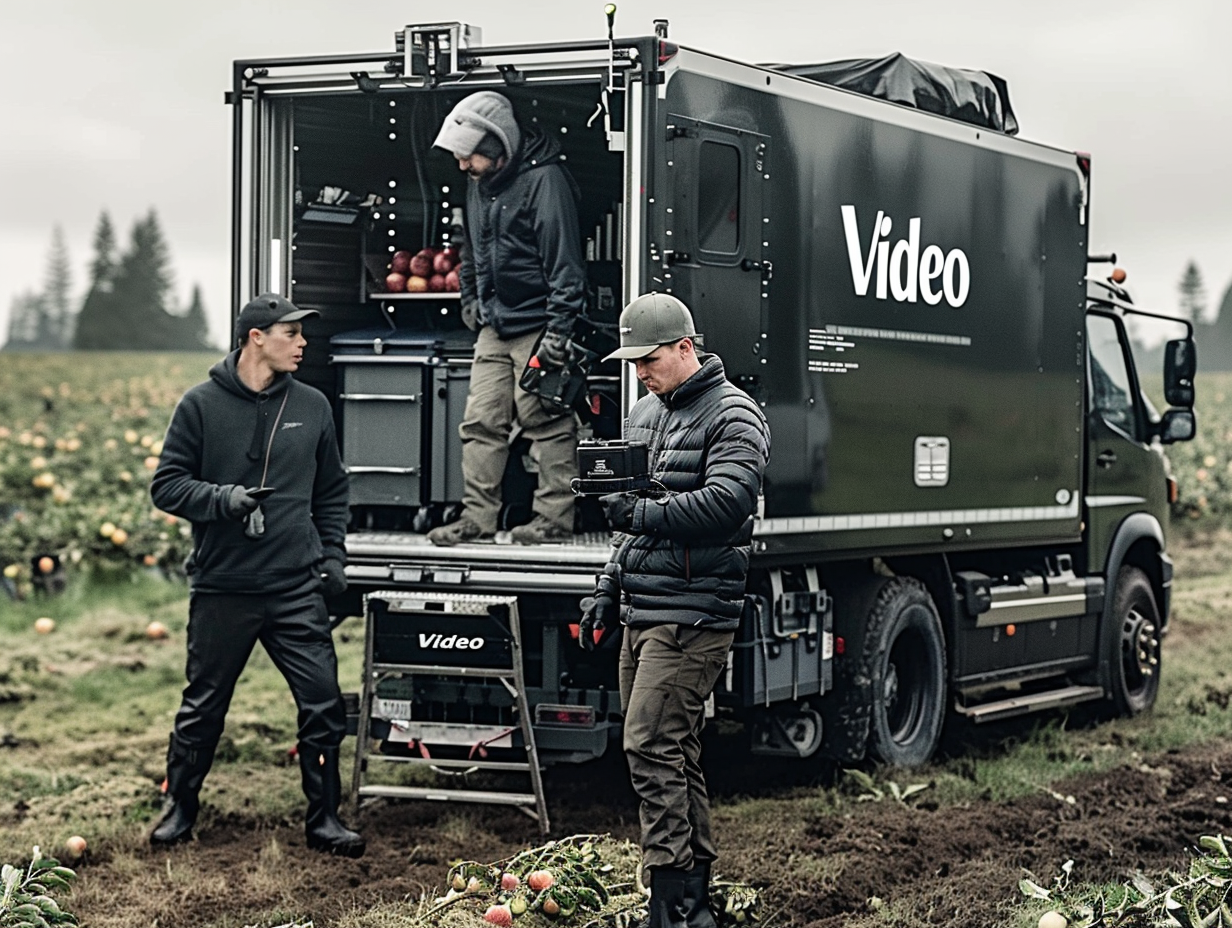 a movie screen shows an apple orchard with large title text reading "Video" --chaos 40 --ar 4:3 --style raw --personalize 9zxyhz8