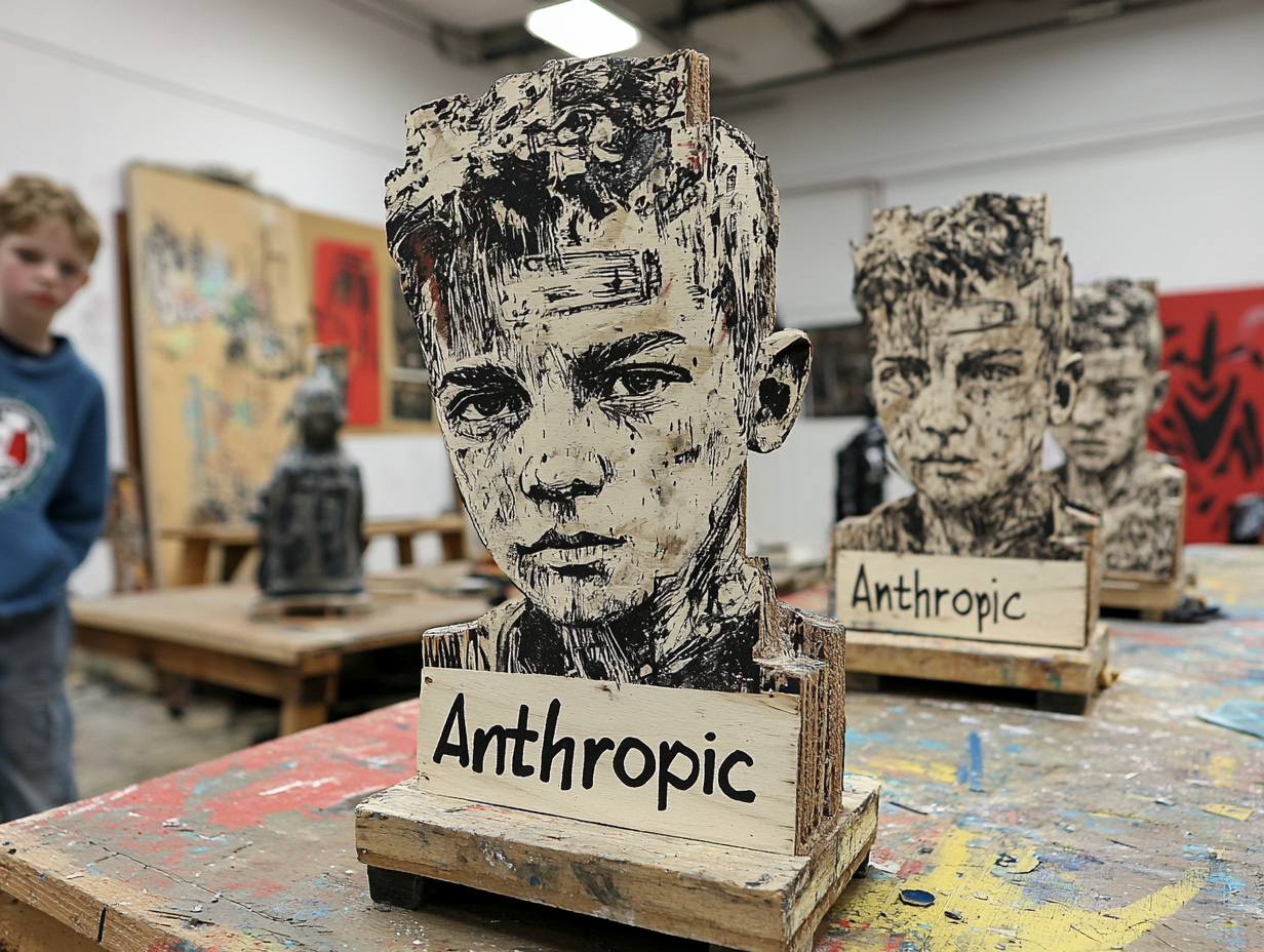 a middle school art project showcasing humanity, a small written sign says: "Anthropic" –chaos 30 –ar 4:3 –style raw –personalize t9u6ckr –v 6.1 --chaos 20 --ar 4:3 --style raw --personalize x3p86jc --v 6.1