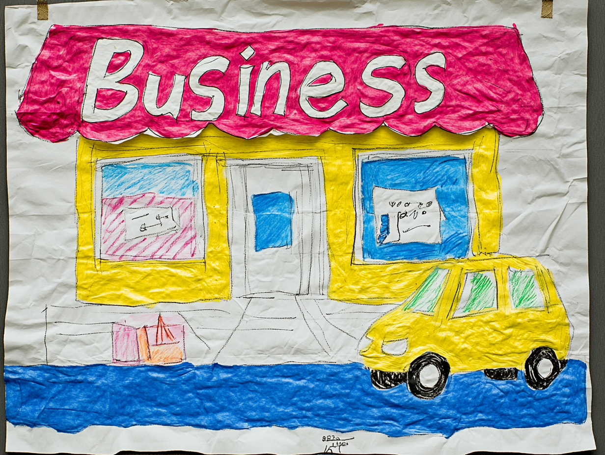 a middle school art project showcasing businesses, a small written sign says: "Business" –chaos 30 –ar 4:3 –style raw –personalize t9u6ckr –v 6.1 --chaos 20 --ar 4:3 --style raw --personalize x3p86jc --v 6.1