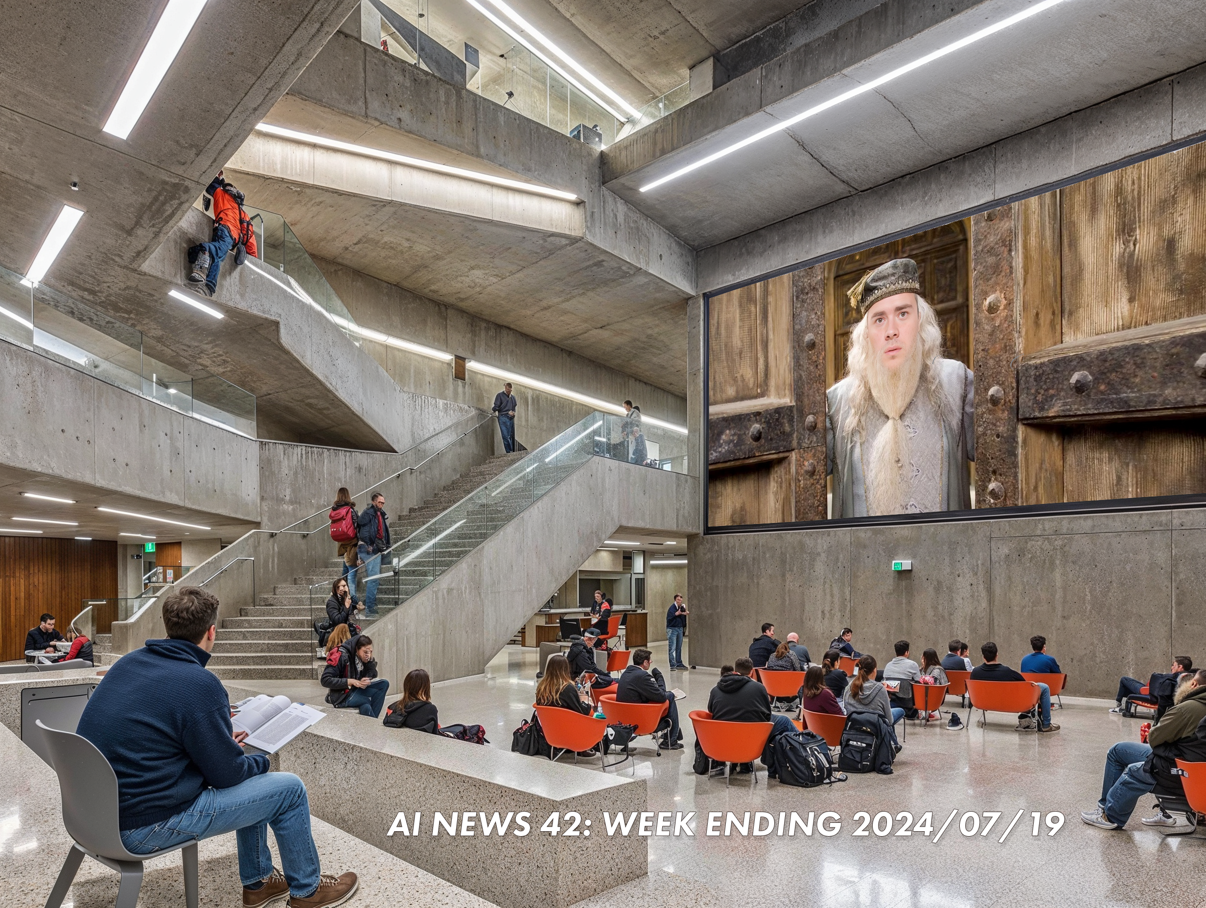 The cover this week is inspired by Andrej Karpathy’s new educational startup EurekaLabs.ai.  Andrej is considered one of the greatest teachers of AI and one of the smartest minds in the field.  The cover depicts Andrej as Professor Albus Dumbledore in Harry Potter, projected onto a large screen in an academic building.  Image created with MidJourney a university lecture hall, a whiteboard with the word "Eureka" on it --chaos 20 --ar 4:3 --style raw --v 6.1.  Upscaled with Magnific.ai.  I erased the word “Eureka” and masked the whiteboard in Photoshop.  Andrej’s face was swapped onto Dumbledore using Picsi.ai and placed into the scene with Photoshop.  The title font is Futura.  I love the one student climbing over the railing.  Lots of funny artifacts and hallucinations.