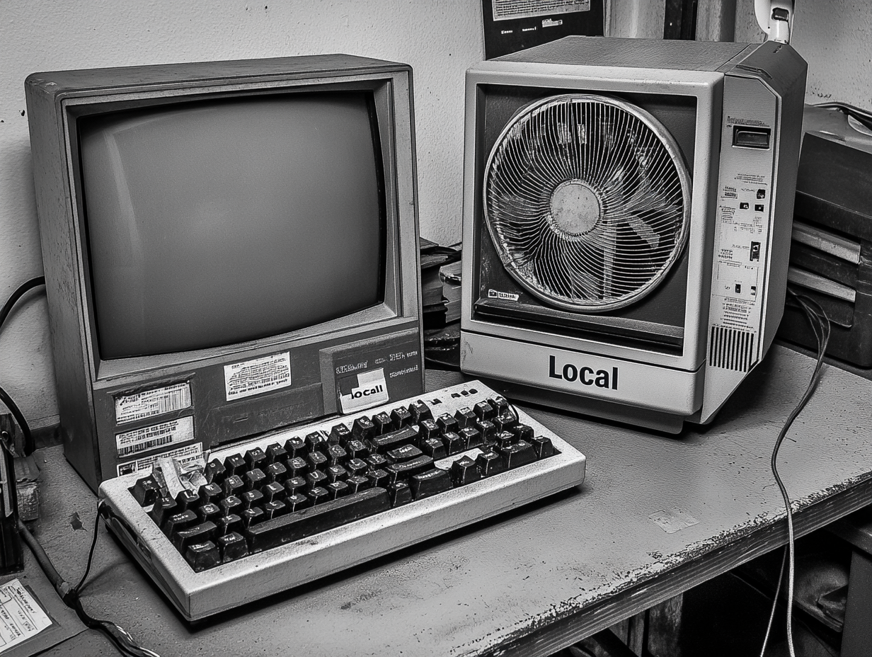 a desk in an office. A small computer with the label "Local". An oscillating fan is blowing onto it. --chaos 30 --ar 4:3 --style raw --personalize qko3v53 --v 6.1