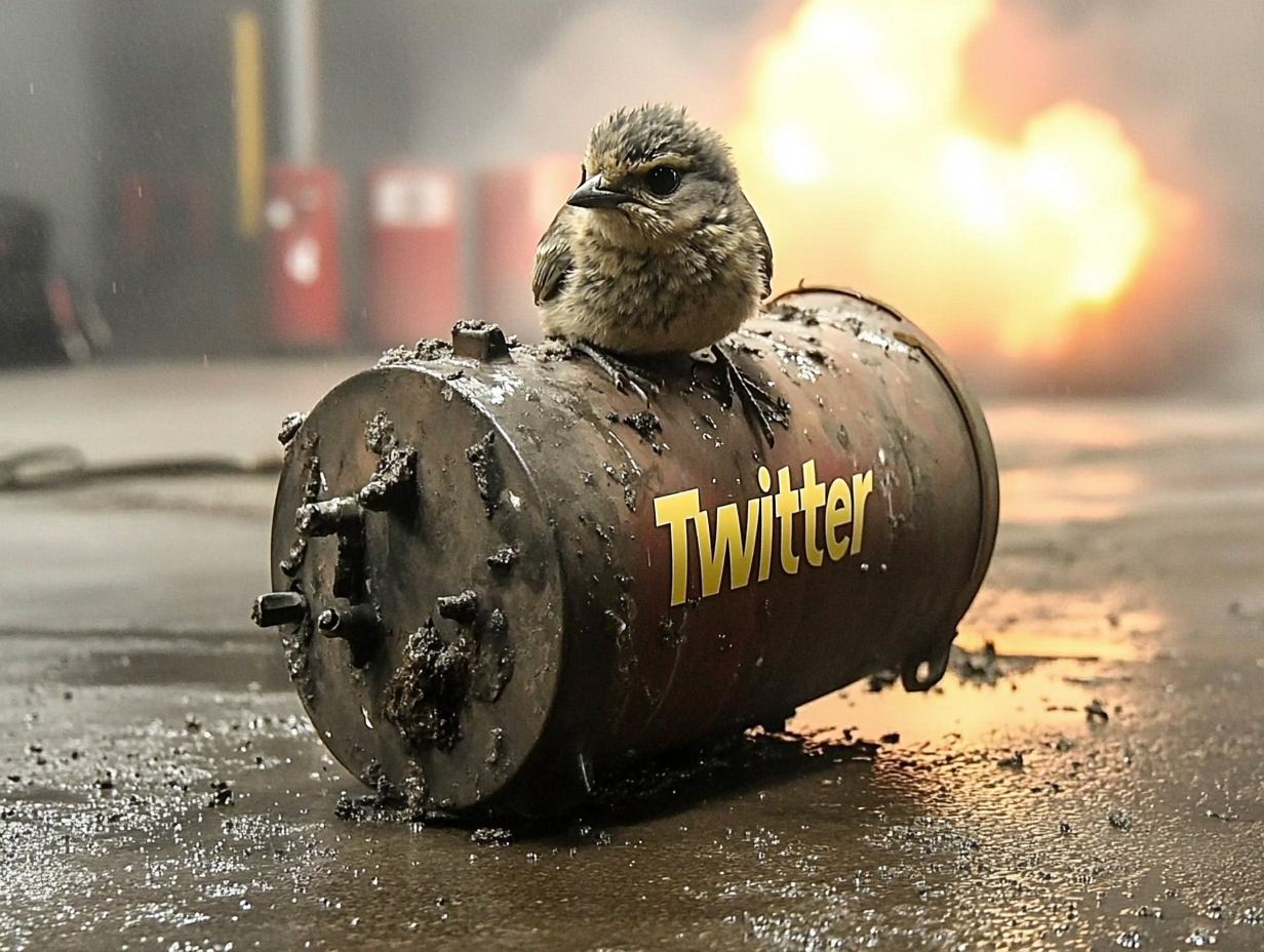 a rocket is launching on a launch pad. a small bird sits contently amongst the billowing smoke and flames. The rocket is labeled "Twitter" in bold letters. --chaos 30 --ar 4:3 --style raw --personalize qko3v53 --v 6.1