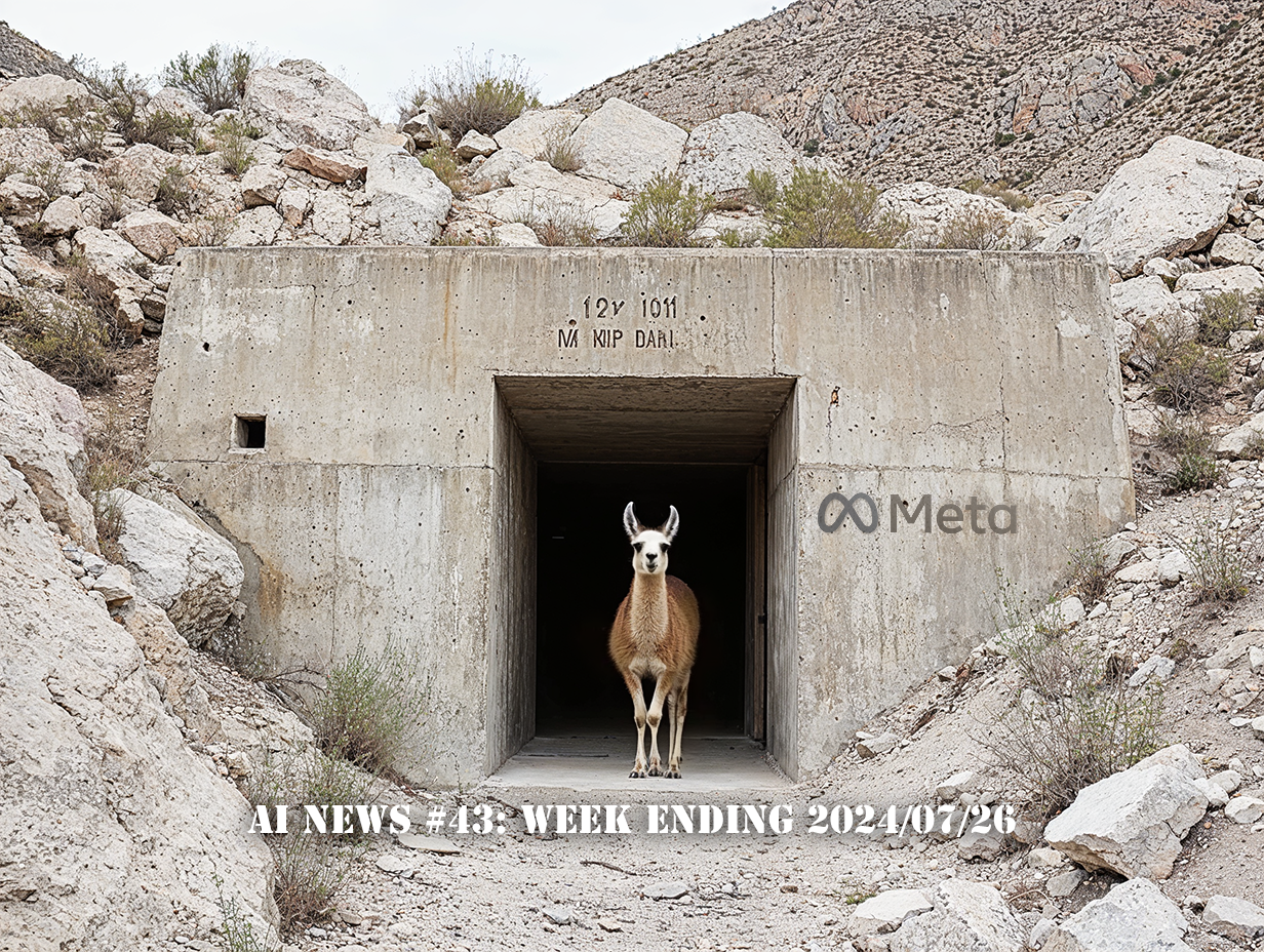 This week’s cover is inspired by the release of Meta’s open model LLaMA 3.1, 405b, which is considered to be as good as GPT-4 and available for free to anyone, anywhere. There is a lot of tension around the ethics of releasing powerful AI to the world, so the image depicts a llama casually sauntering out of a top secret security bunker. a top secret bunker entrance, a llama walks into the fresh air --chaos 20 --ar 4:3 --style raw --personalize ytt1577 --v 6.1 The image was upscaled with Magnific.ai, and Meta’s logo was added to the concrete with Photoshop. Font is Stencil to give a feeling of military security.