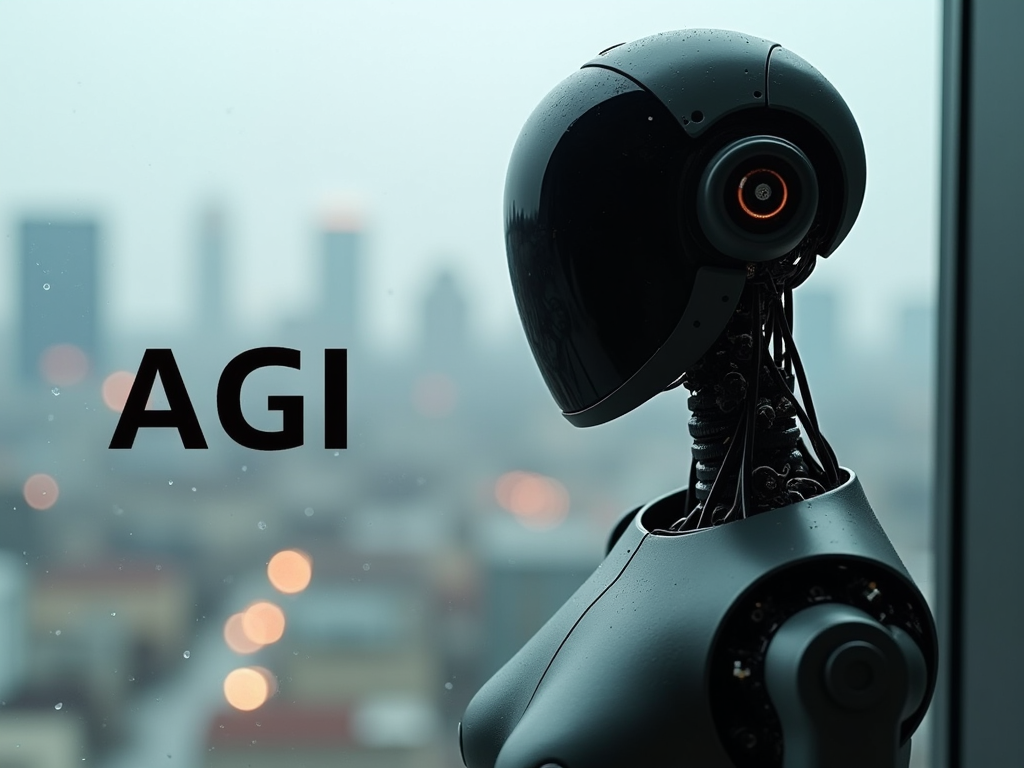 Flux[dev]: A futuristic robot, sleek smooth humanoid design. Smooth, glossy black faceplate with no visible facial features, high-tech, minimalist appearance. The robot's body is matte black or dark gray, with articulated joints and mechanical parts that resemble those of a human, including fingers. In the background, a city bustles through the window. A rainy day. In the foreground,"AGI" is written in bold text.