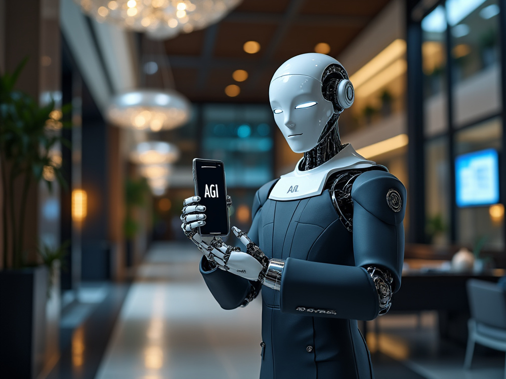 Grok 2 (beta) A robotic hotel concierge holds an iPhone toward the camera. The phone screen displays the letters "AGI". Landscape aspect ratio.