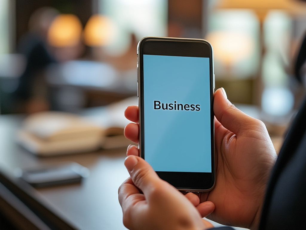 Grok 2 (beta) A hotel concierge holds an iPhone toward the camera. The phone screen displays the word "Business". A business woman stands next to concierge desk. A Landscape aspect ratio.