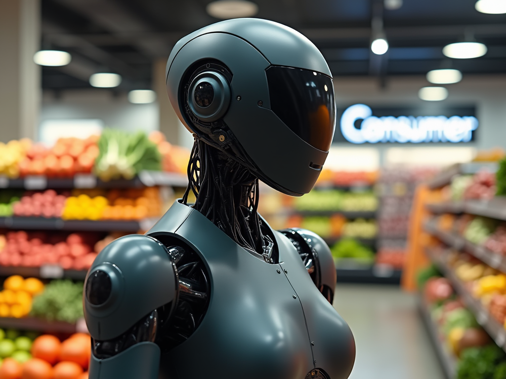 Flux[dev]: A futuristic robot, sleek smooth humanoid design. Smooth, glossy black faceplate with no visible facial features, high-tech, minimalist appearance. The robot's body is matte black or dark gray, with articulated joints and mechanical parts that resemble those of a human, including fingers. A grocery store full of free produce. Cheerful lighting. In the background "Consumer" is written in a style that evokes shopping.