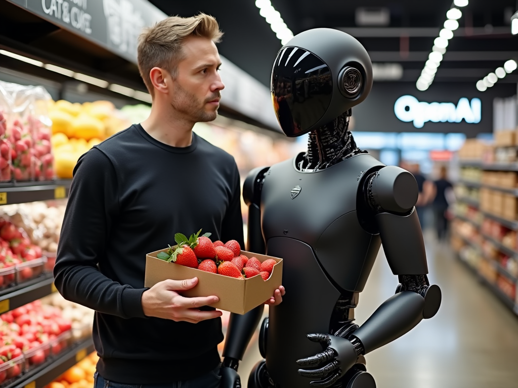 Flux[dev]: Sam Altman in a grocery store holding a box of fresh strawberries. Next to him is a futuristic robot, sleek smooth humanoid design. Smooth, glossy black faceplate with no visible facial features, high-tech, minimalist appearance. The robot's body is matte black or dark gray, with articulated joints and mechanical parts that resemble those of a human, including fingers. In the background, "OpenAI" is written on a sign.