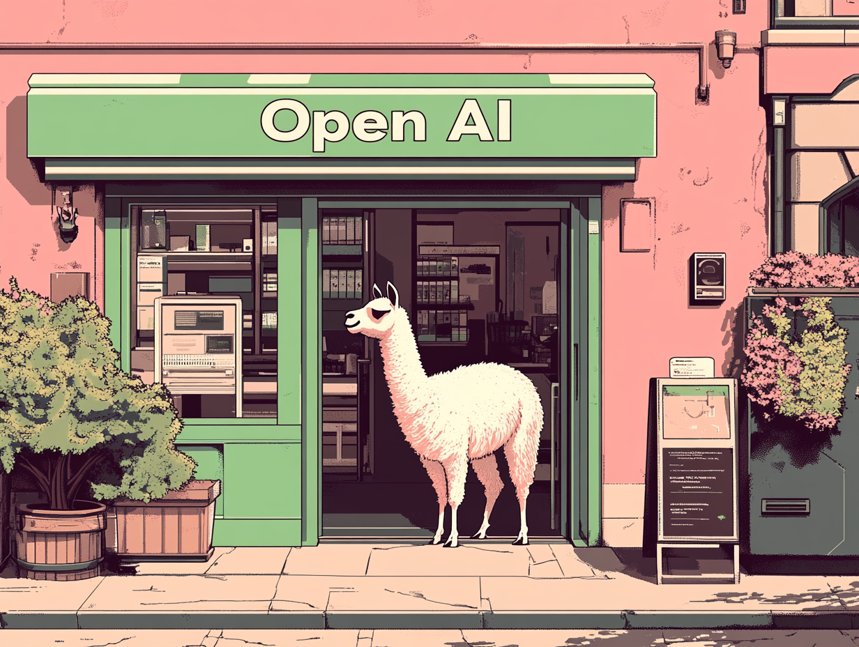 a llama standing outside a corporate office. large text label reads "Open AI" --chaos 20 --ar 4:3 --style raw --personalize ytt1577 --v 6.1