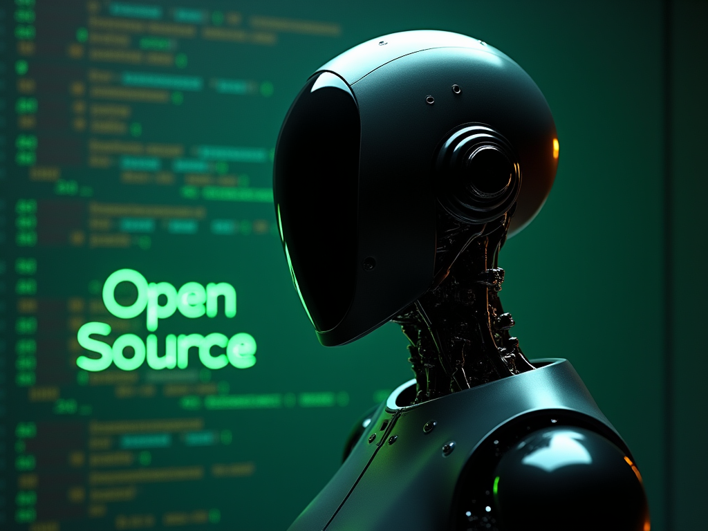 Flux[dev]: Computer source code is arranged to create the form of a futuristic robot, sleek smooth humanoid design. Smooth, glossy black faceplate with no visible facial features, high-tech, minimalist appearance. The robot's body is matte black or dark gray, with articulated joints and mechanical parts that resemble those of a human, including fingers. In the foreground, "Open Source" is written in glowing green system font.