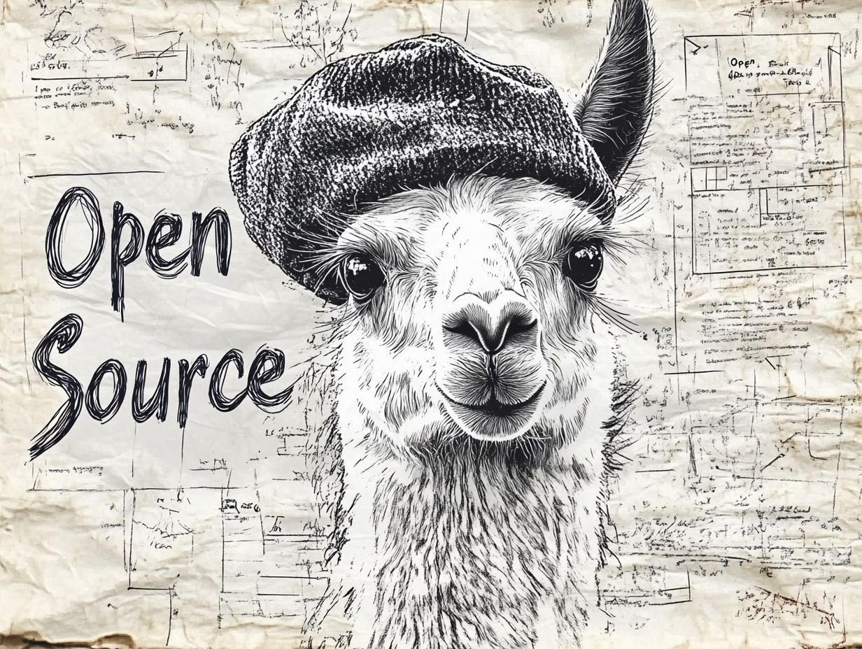 a llama wearing a beret. large text label reads "Open Source" --chaos 20 --ar 4:3 --style raw --personalize ytt1577 --v 6.1