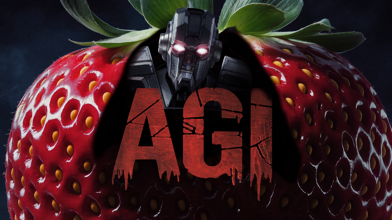 A monstrous evil AI robot emerges up from behind a giant strawberry. It's shadow looms over the the strawberry. A dramatic horror movie font across the image reads "AGI".