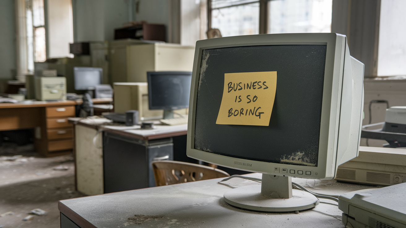 A computer monitor sits on an abandoned desk. A sticky note reads "Business is so boring".