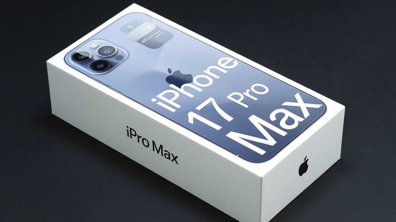 Product photography of an iPhone box. On the outside of the box is written "iPhone 17 Pro Max"