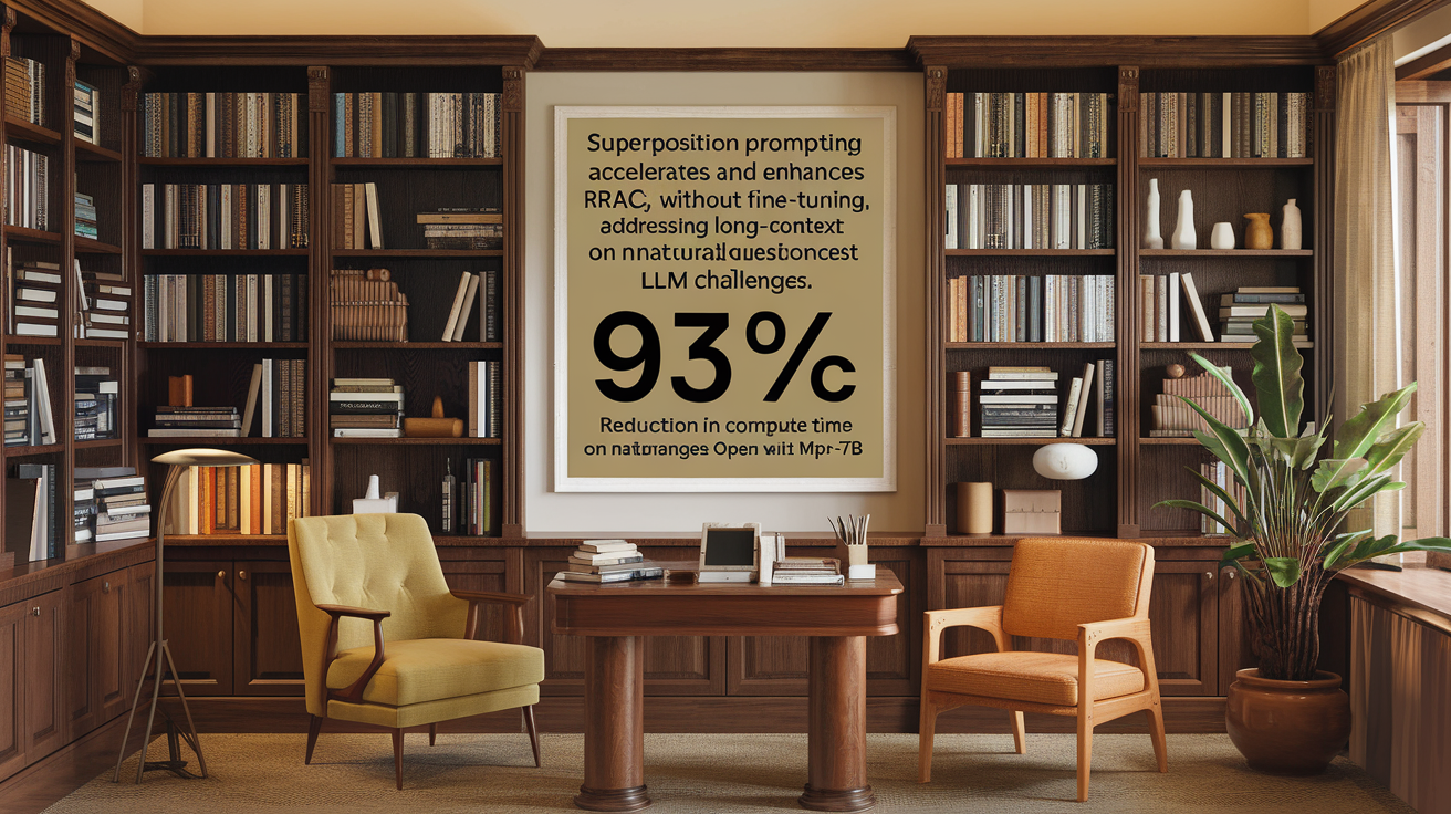 A cozy library with a wall painting that says "Superposition prompting accelerates and enhances RAG without fine-tuning, addressing long-context LLM challenges. 93× reduction in compute time on NaturalQuestions-Open with MPT-7B"
