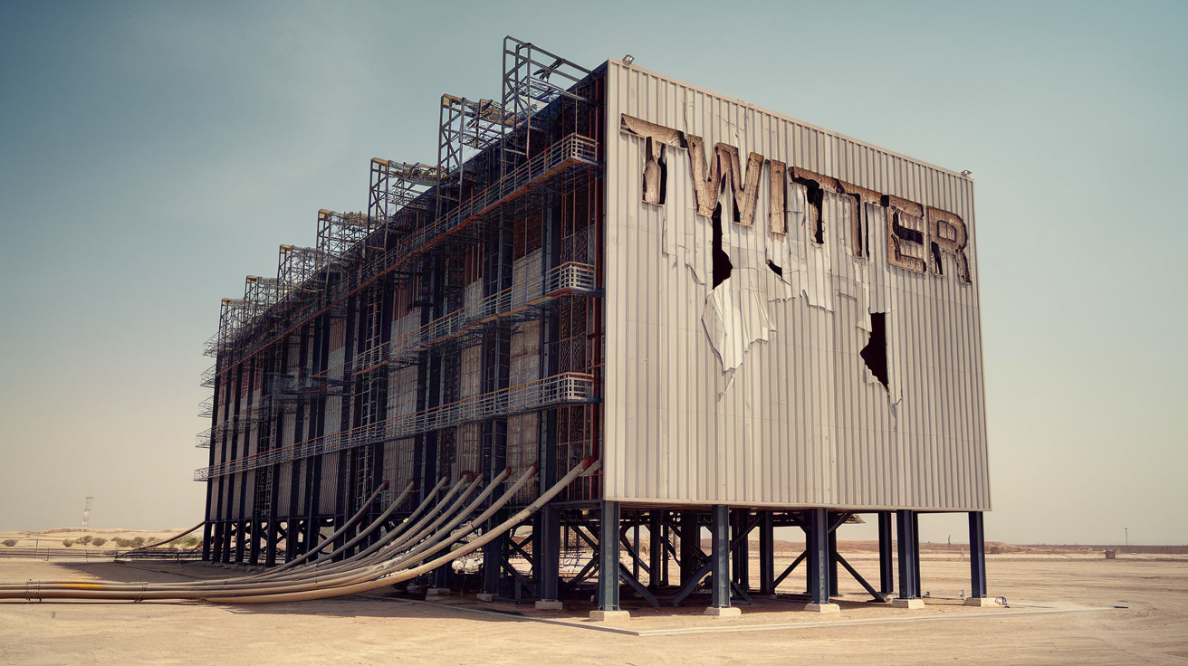A computer data center rises from the Texas desert like a monster emerging from a grave. The data center shouts "More power!". A small sign is broken off the side, dangling down by wires and reads "Twitter".