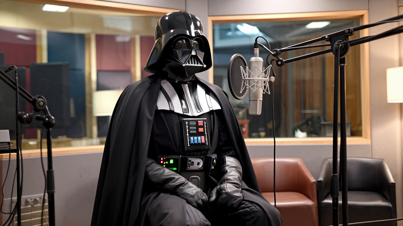 Darth Vader in a NYC recording booth recording a song.