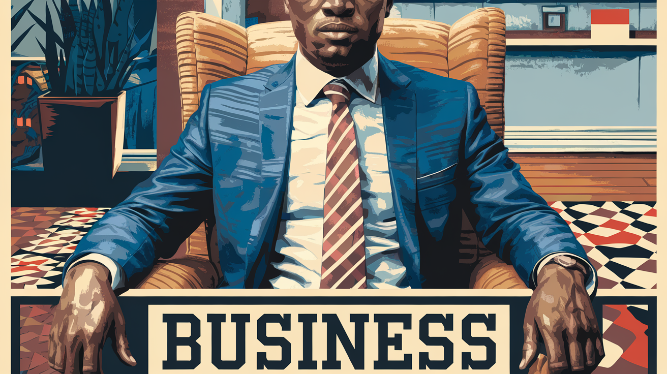 A poster in the style of Kehinde Wiley with a corporate theme and the word “Business” in bold text