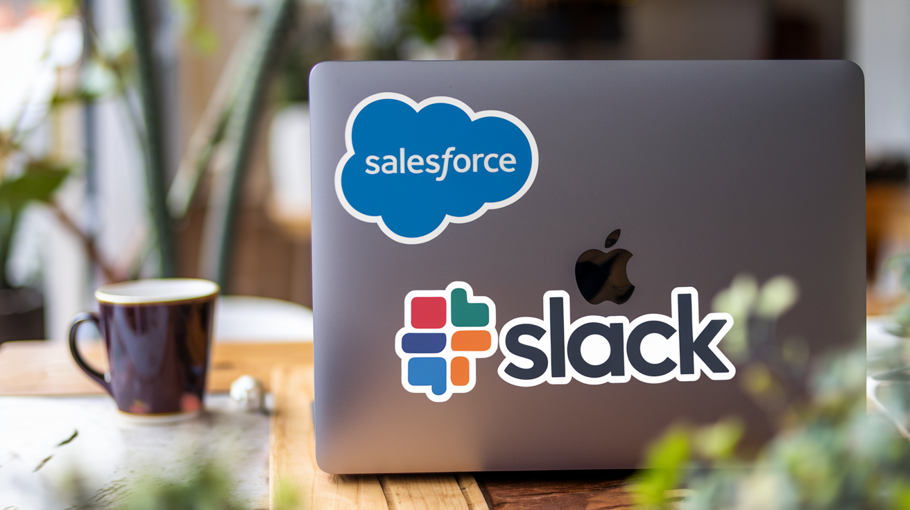 A laptop with a sticker of the Salesforce logo and the Slack logo on it.