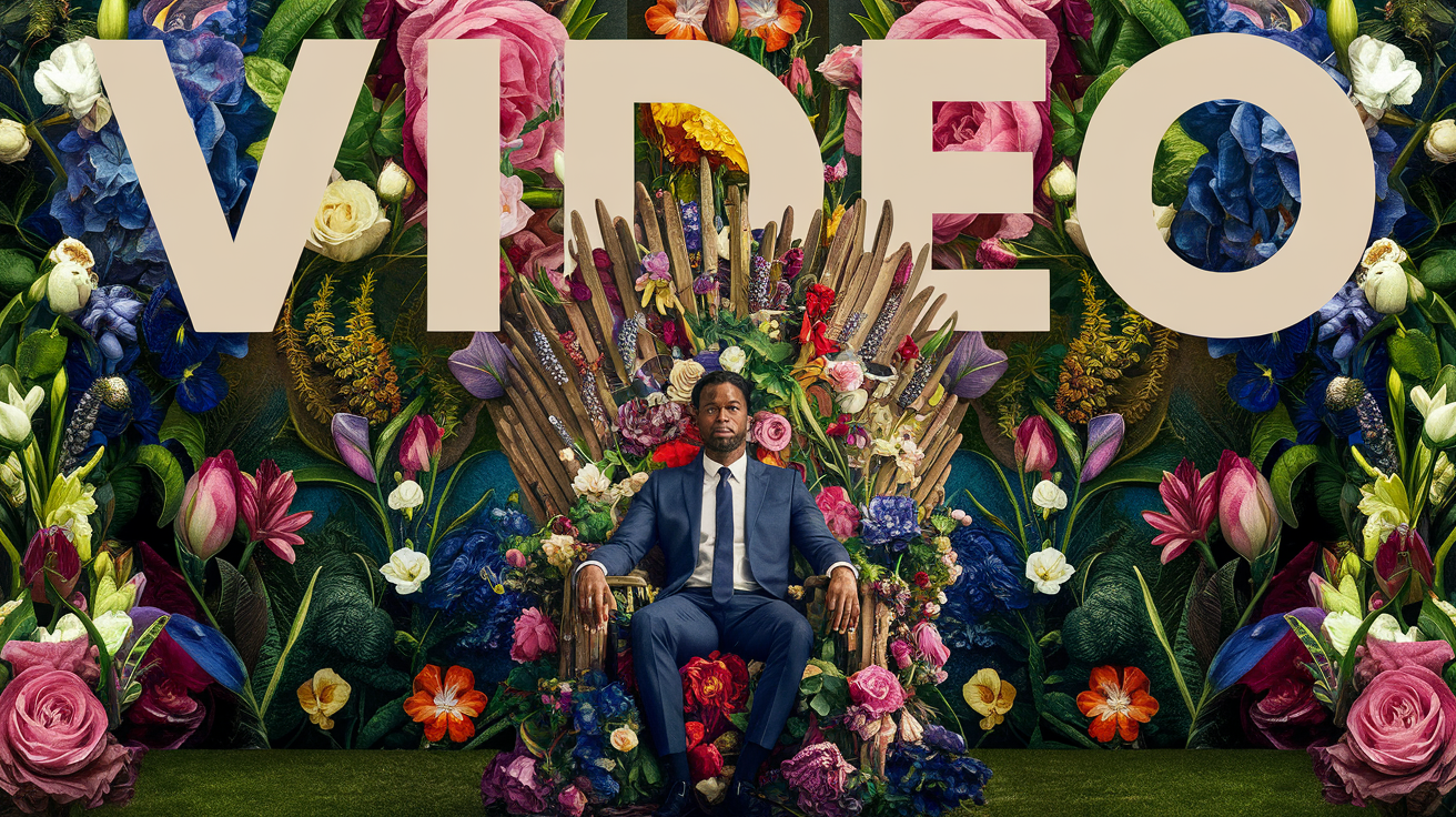 A floral poster in the style of Kehinde Wiley with a movie theme and the word “Video” in bold text