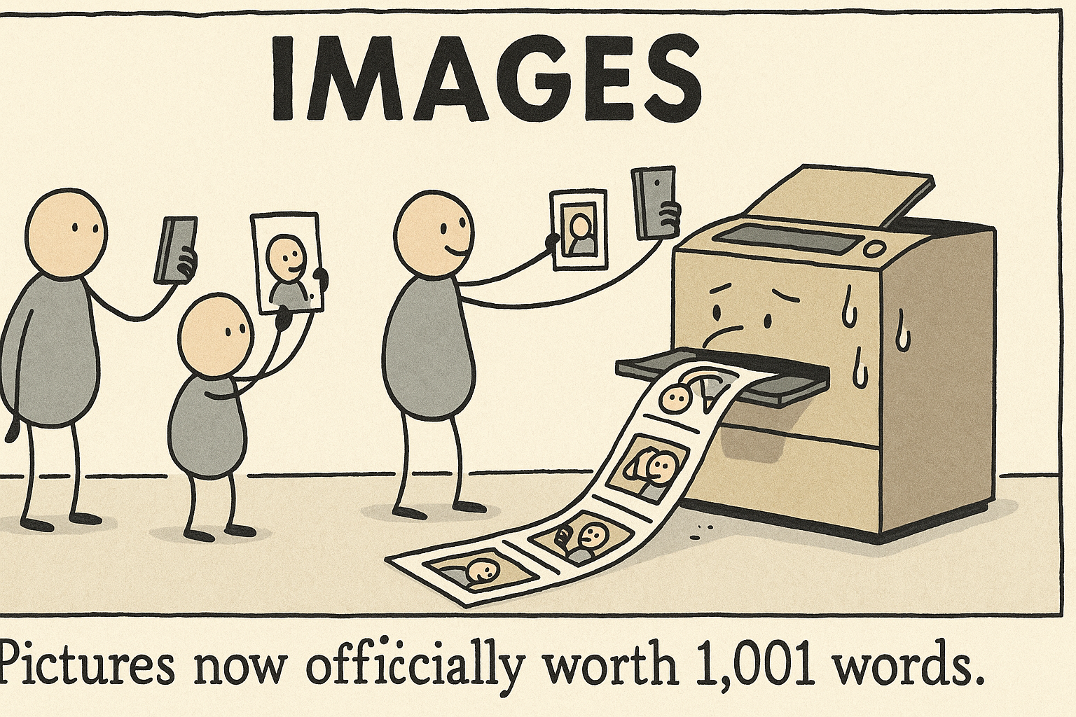 Single-panel cartoon with loose, hand‑inked lines, bean‑bodied figures, muted flat colors, minimal props, and deadpan humor: Overworked photocopier sweats as endless selfies march off the output tray and pose for more selfies. Large bold title text centered at top: “IMAGES” Muted colors, flat shading, black ink outlines. 16:9. Caption: “Pictures now officially worth 1,001 words.”