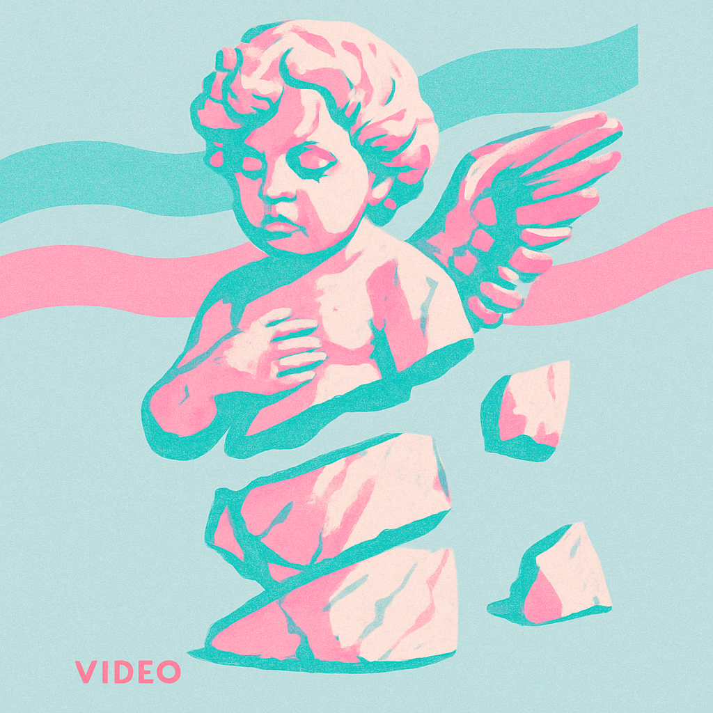 landscape minimalist graphic: fragmented marble cherub statue rendered in neon pink and teal, slightly mis-registered; colors limited to a playful pastel palette of neon pink, teal, and powder-blue; subtle matte paper-grain texture; small uppercase grotesk word “Video” aligned bottom-left; visual metaphor for streaming frame ribbons. landscape minimalist graphic: fragmented marble cherub statue rendered in neon pink and teal, slightly mis-registered; colors limited to a playful pastel palette of neon pink, teal, and powder-blue; subtle matte paper-grain texture; small uppercase grotesk word “Video” aligned bottom-left; visual metaphor for streaming frame ribbons.
