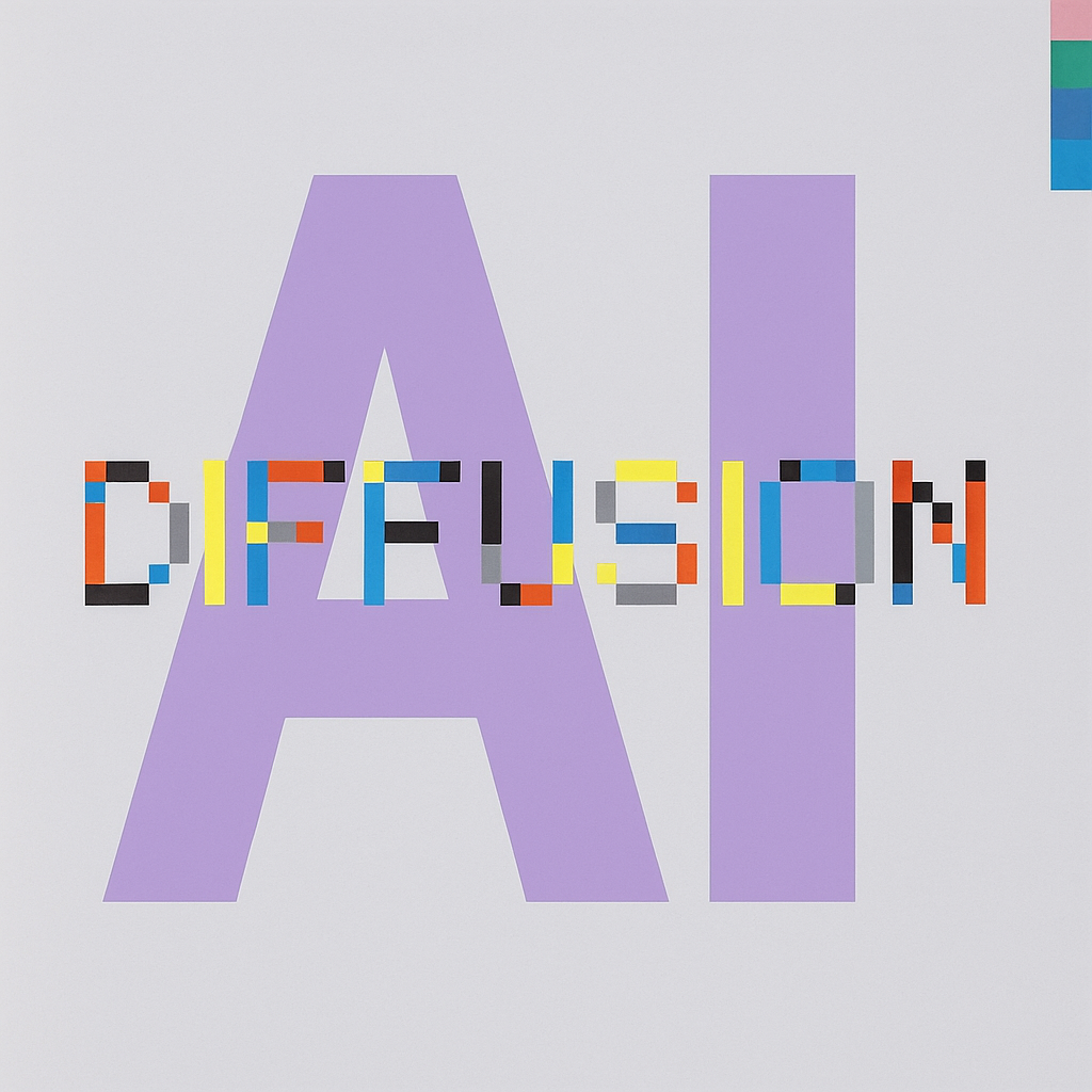 Here’s a fresh take on the cover—“AI” dominates in the same lavender as the original numerals, and the word DIFFUSION is rendered in that colorful pixel-grid terminal font, sitting cleanly across the center. The cluttered gray layer is gone, and the small multicolor bar remains up top for that classic New Order vibe.