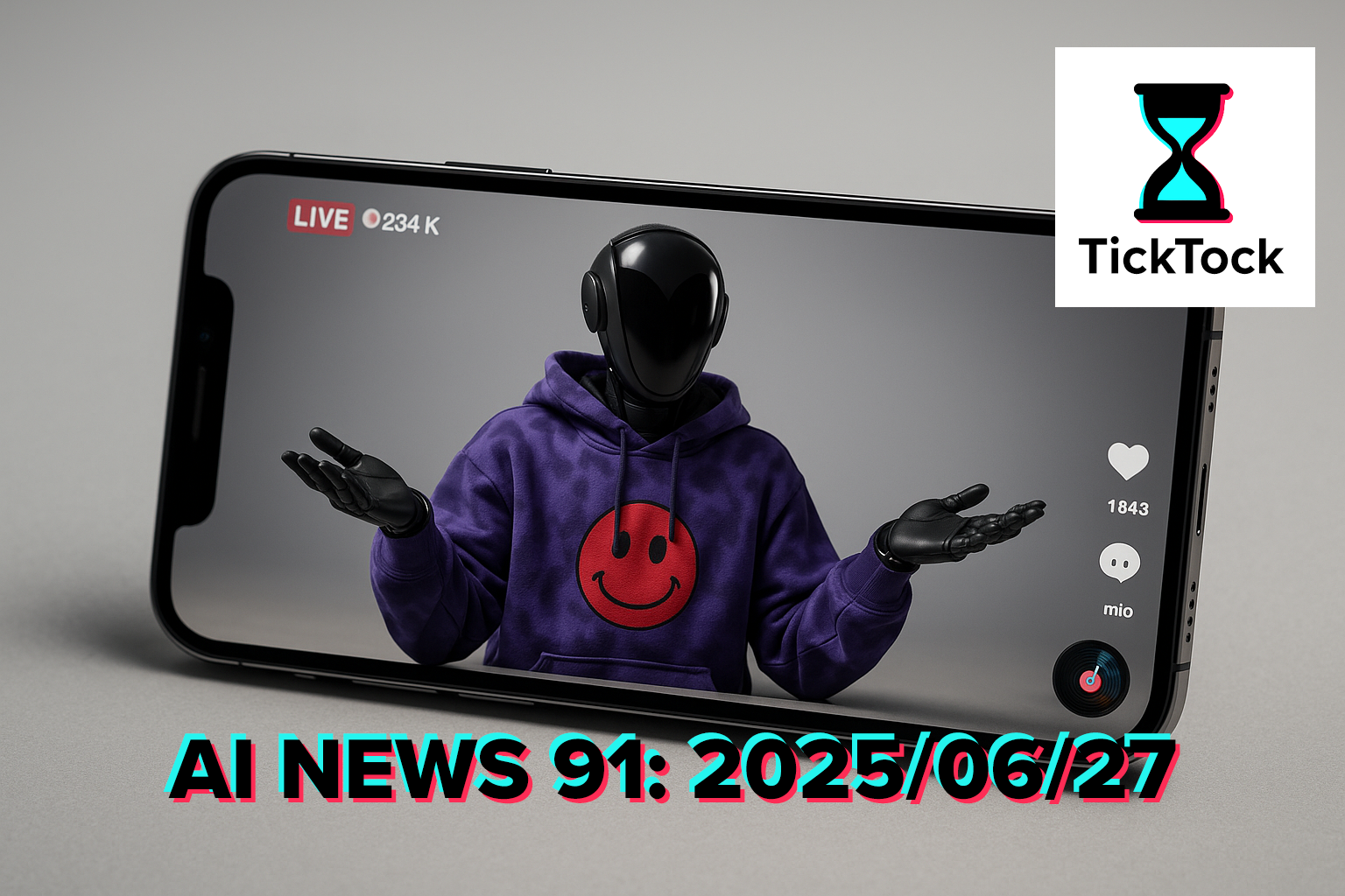 The main cover was created with GPT-Image-1 and Photoshop. Robots are coming to take over, the clock is ticking, and the robots are not impressed. The robot influencer is a nod to Khaby Lame, who recreates product demonstrations and then shrugs his shoulders to show that he is not having it with their hype. The TikTok logo has been revisited as an hourglass to show the time is running out. And the name is TickTock, of course.