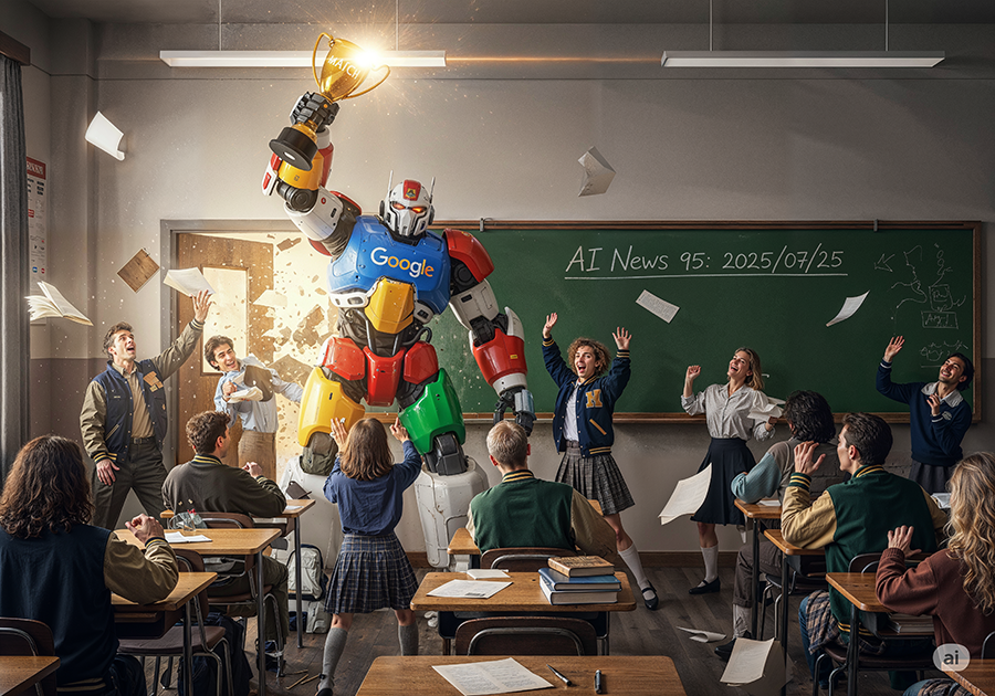 The prompt for each model was "wide-angle classroom scene, triumphant battle-mech painted in Google colors and chrome, barging into a 1990s American high-school math class, hoisting a gleaming gold math-trophy above its head, trophy sparkles with stage-light flare, shocked teenagers in letterman jackets and plaid skirts freeze mid-equation, papers flying, vivid expressions of disbelief, chalk dust in air, green chalkboard reads "AI News 95: 2025/07/25" in bold handwritten script, cinematic lighting, dynamic composition, 3-point perspective, photorealistic texture, highly detailed, 8k --ar 3:2'