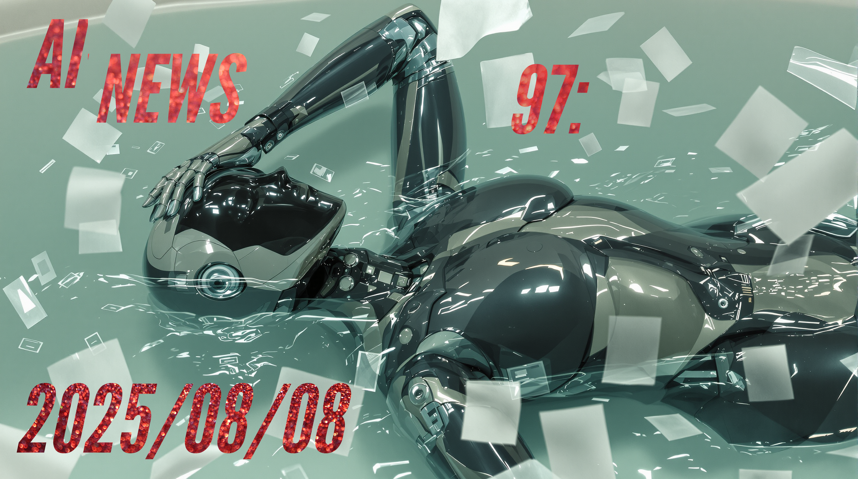 Photorealistic, cinematic editorial portrait in a bathtub; landscape 16:9. A single sleek matte-graphite humanoid robot reclines diagonally in pale, milky sea-foam/aquamarine water. Camera is slightly above and to the left, gentle three-quarter angle. The robot’s head sits near the upper-right third, turned subtly toward camera as if making eye contact; glossy black faceplate above the waterline with crisp studio-strip reflections and tiny water droplets. A thin meniscus clings to the jawline and cheek edges. Pose and limb placement: torso reclined; left arm bent and arched over/behind the head, forearm curving around the crown; right forearm angled across the torso; right hand relaxed near the water surface in the lower-left quadrant with splayed articulated fingers just touching the surface, creating delicate concentric ripples and a shallow indentation in the water skin. Right shoulder sits deeper than the left; neck long and elegant. Submersion behavior and refraction: everything below the waterline—lower chest, abdomen, parts of both arms and the right hand—takes on a soft jade/sea-foam color shift with reduced contrast; edges soften through realistic refraction and slight magnification; tiny trapped micro-bubbles and wispy white waterline swirls cling to panel seams. Above the waterline, materials retain natural finishes: matte graphite body panels, satin gray composite sections, high-gloss black faceplate; subtle specular highlights tracing shoulders, biceps covers, and finger segments. Any indicator glyphs are dim or off. Collage elements: multiple glossy photo-paper clippings (varied rectangular sizes) float and overlap around the robot, some fully on top of the water, some half-submerged. Corners are wet and slightly curled; edges show silvering; each clipping contains cropped close-ups of this robot (faceplate fragment, shoulder joint, hand segments, chest panel). Accurate wet-paper physics: refraction and distortion where clippings dip below the surface, tiny beads of water on top, slight glare streaks from lights. Lighting and palette: soft warm key light from upper-left; gentle fill from lower-right; faint rim along the right shoulder and side of the faceplate. Golden highlights skate across ripples and clippings; overall teal-orange balance with pale jade water, warm honey reflections, and a few sparse copper-glitter flecks drifting near upper-left and lower-right. Background limited to bathtub interior only; soft corner vignette. Rendering details: ultra-real materials and water physics; shallow depth of field with a 50mm, f/2.8 feel; natural film grain; mild halation on brightest highlights; immaculate edges; no posterization or banding. Extend water and collage laterally to fill the wider canvas while keeping the robot centered as described. Strict exclusions: no text or typography, no readable logos/watermarks/brand names, no extra robots or limbs, no faucets or bathroom fixtures, no UI overlays. Style keywords: photorealistic, cinematic editorial beauty, wet refraction, underwater caustics, glossy reflections, magazine-cover quality.