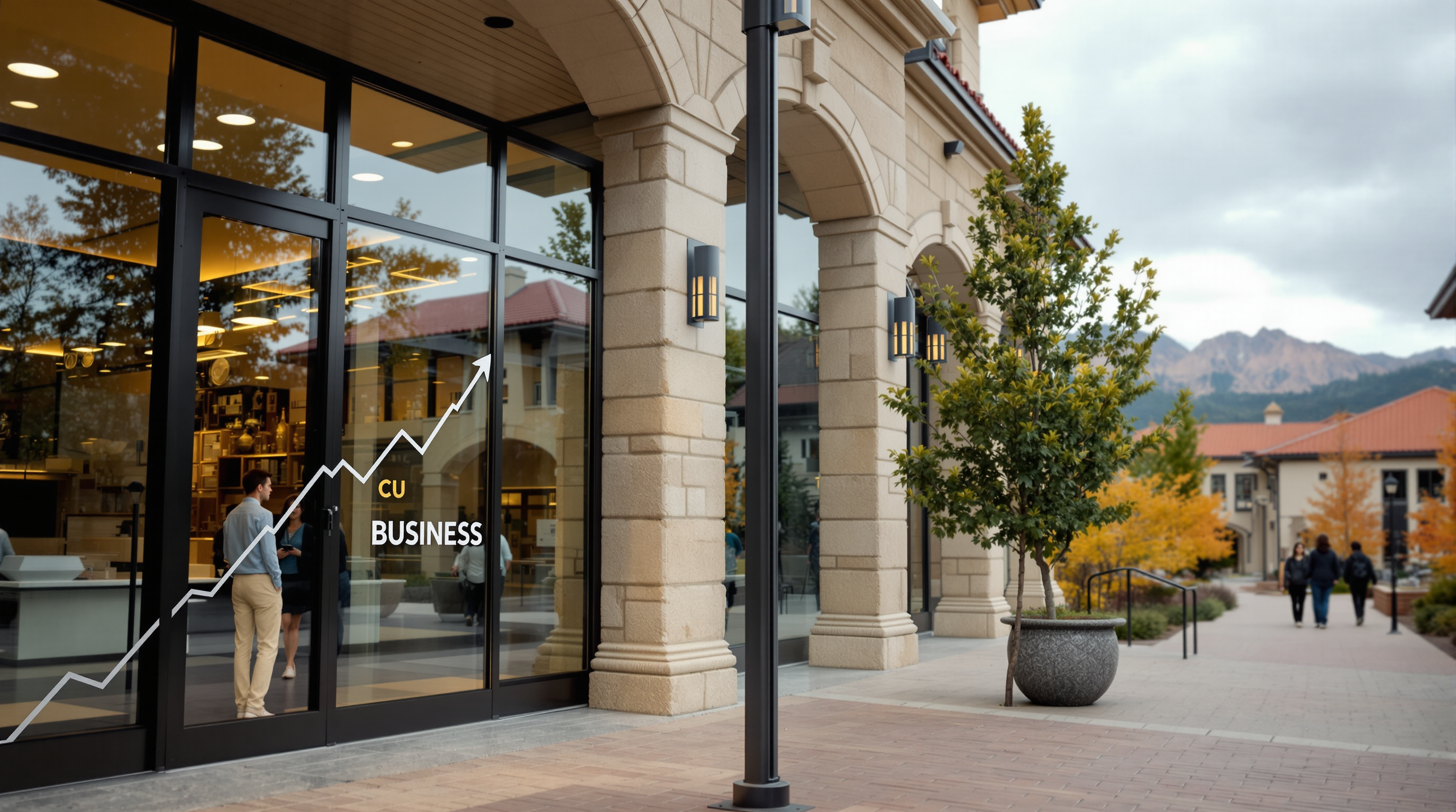 CU Boulder brand style — CU Gold & Black, Helvetica Neue, Flatirons, Tuscan-vernacular sandstone + red-tile roofs; Leeds Business School exterior, overcast diffused light, 50mm human view, Flatirons contour motif; integrate the category "Business" via Glass Door Decal: upward-trending line chart with the word "BUSINESS"; natural light, clean professional inspiring tone, crisp focus, subtle grain, editorial composition